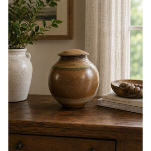 Studio Pottery Stoneware Salt Glaze Covered Moon Jar Brown Signed S Bernhardt